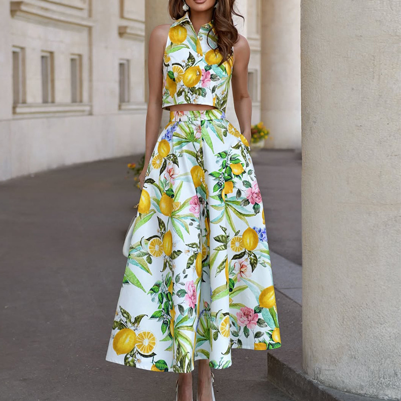 Summer Clothing Girls - Damesmode Citroenprint Mouwloos Shirt + Zakrok