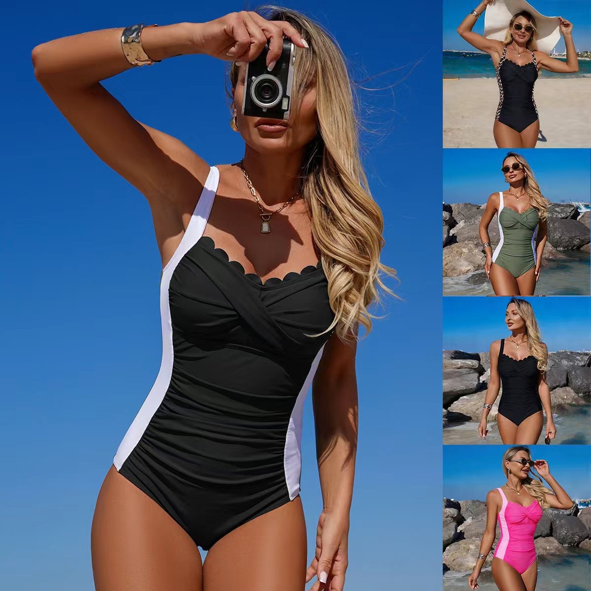 Zwart badpak met gegolfde hals - Swimsuit One Piece recensie en prijs
